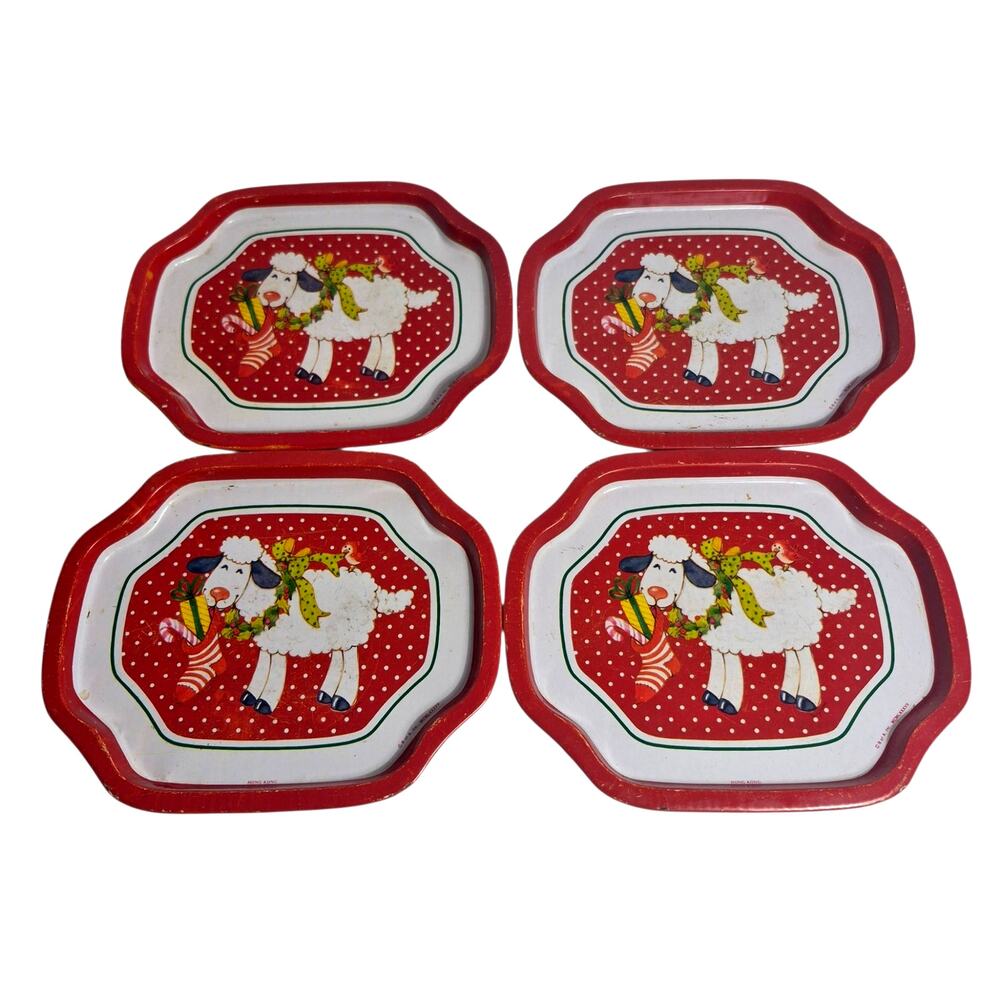 Vintage 1977 Metal Cookie Snack Trays Set of 4 Christmas Sheep B of A Inc